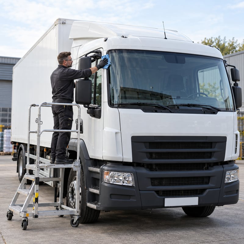 Ein Monteur kontrolliert die eingesetzte Frontscheibe eines Lkw von einer Arbeitsplattform aus.